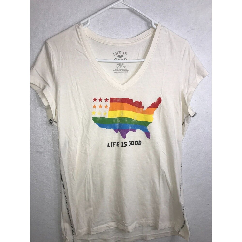LIFE IS GOOD TSHIRT Women's Size L Tee Map of United States Rainbow Color